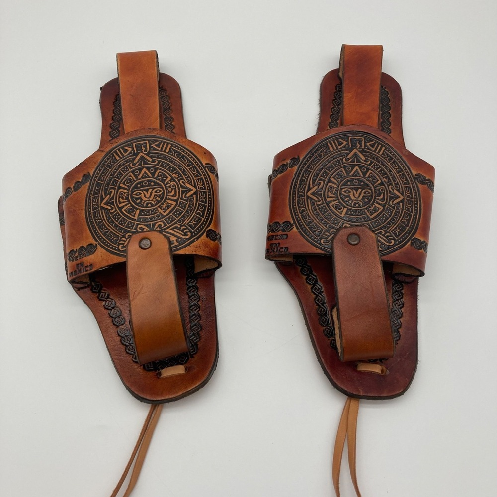 Vintage Mexican Hand Tooled Leather Beer Bottle Can Holster Pair Aztec Sun Stone